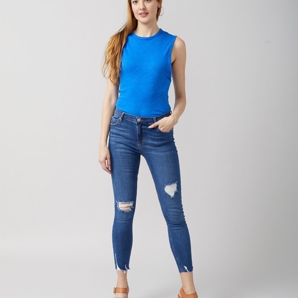 Free People Blue All The Time Sleeveless High Neckline Semi Sheer Bodysuit Small